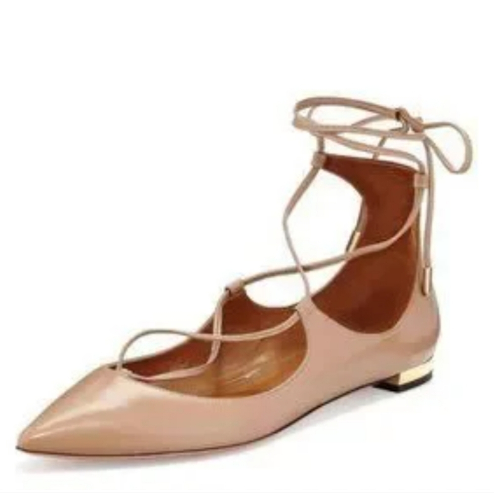 Aquazzura Christie Pointed toe Ankle wrap Flats Size Eu39 Tan